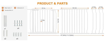 Extra Wide Baby Gate Extra Tall Dog Gate for Stairs Doorways White Metal Tension Child Pet Safety Gates with Pressure Mount 67-71.5 Inch (White)