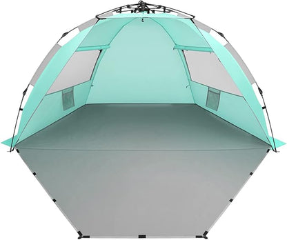 Oileus X-Large 4 Person Beach Tent Sun Shelter - Portable Sun Shade Instant Tent for Beach with Carrying Bag, Stakes, 6 Sand Pockets, Anti UV for Fishing Hiking Camping, Waterproof, Light Green