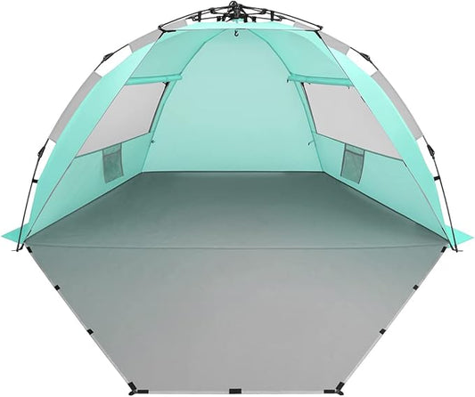 Oileus X-Large 4 Person Beach Tent Sun Shelter - Portable Sun Shade Instant Tent for Beach with Carrying Bag, Stakes, 6 Sand Pockets, Anti UV for Fishing Hiking Camping, Waterproof, Light Green