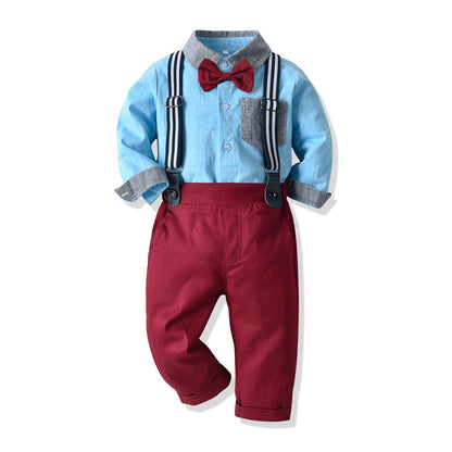 Boys' Cotton Long Sleeved Shirt And Overalls Set