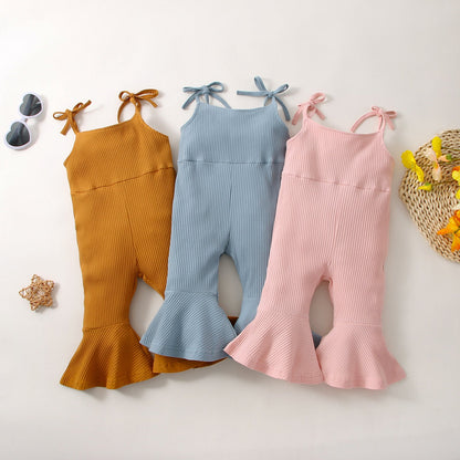 Summer Girls' Sunken Stripe Cotton Solid Color Sling One-piece Bell-bottom Pants