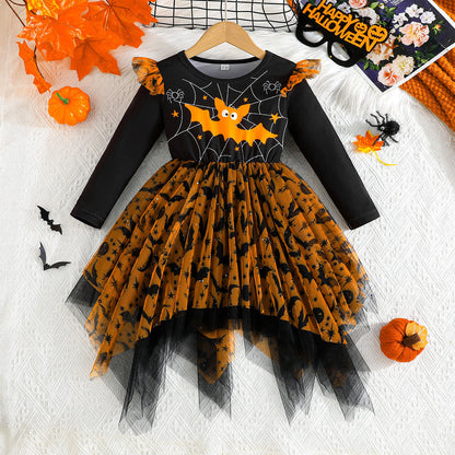 Mesh Irregular Hem Hanging Corner Printing Fashion Girls Dress