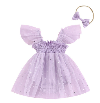 Girls' Mesh Flounced Sleeve Shoulder Princess Onesie