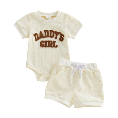 Embroidered DADDYS GIRL Letter Romper With Short Sleeves Shorts Two-Piece Set