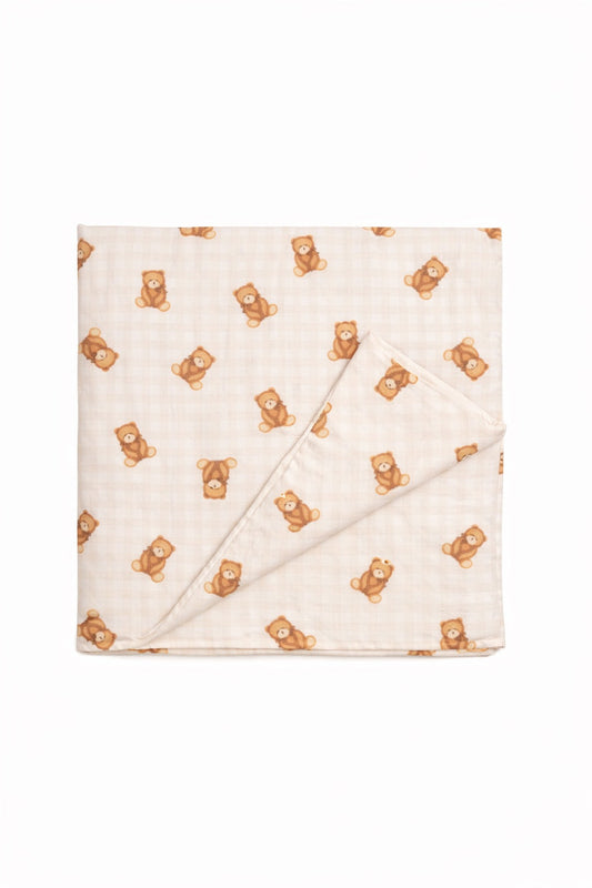 Beige Teddy Bear Gingham Crib Quilted Blanket