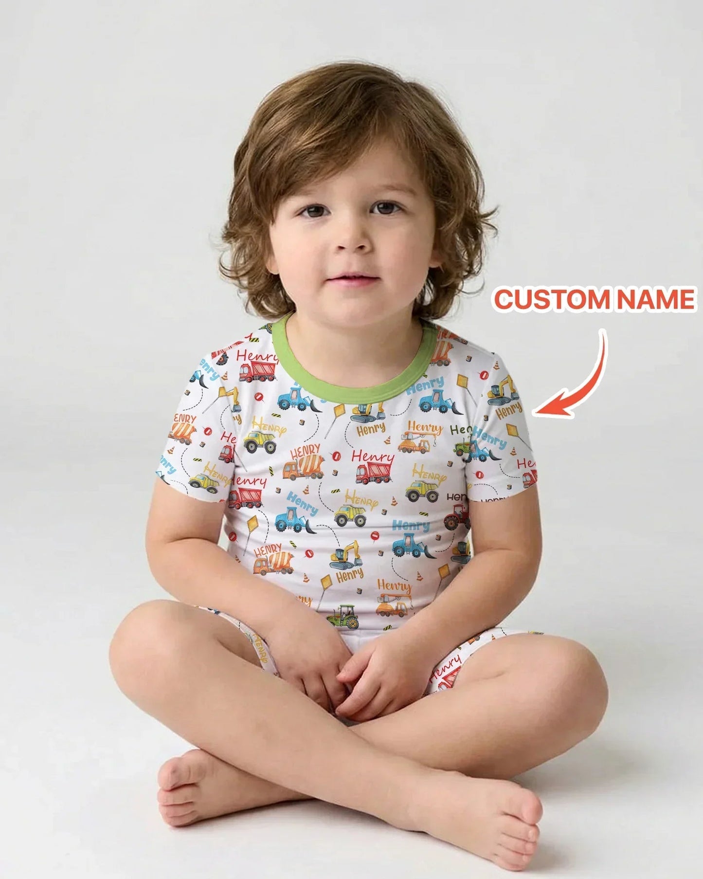 Construction Vehicles Custom Name Bamboo Two Piece Short Sleeve Shorts Pajama Set
