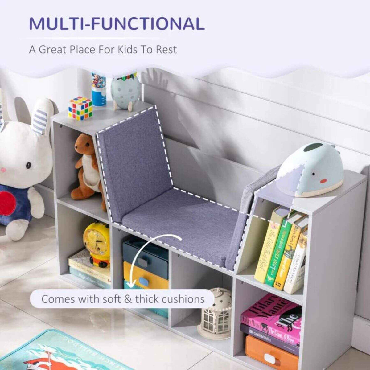 HOMCOM 6-Cubby Kids Bookcase with Reading Nook and Cushion, Gray