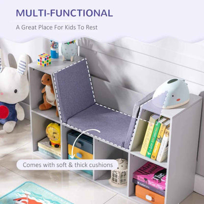 HOMCOM 6-Cubby Kids Bookcase with Reading Nook and Cushion, Gray