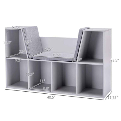 HOMCOM 6-Cubby Kids Bookcase with Reading Nook and Cushion, Gray