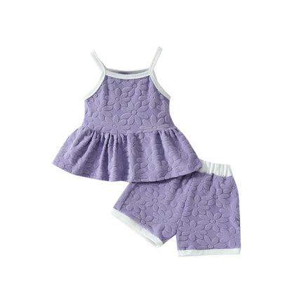 Printed Suspender Top Solid Color Shorts Suit
