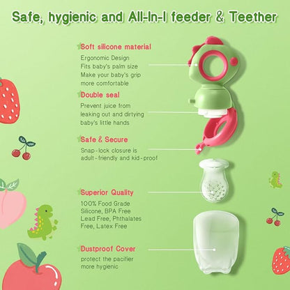 Baby Fruit Food Feeder - Silicone Nibble Tray Combo - Breastmilk Popsicle Mold for Cooling Relief, BPA Free Mesh Feeder for Infant Self Feeding (Dinosaur Green + Pineapple)