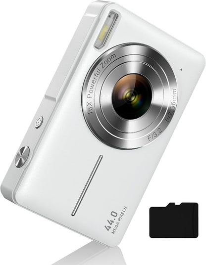 Digital Camera for Kids and Starters, FHD 1080P Point and Shoot Camera with 32GB Card 16X Zoom Anti Shake, Gift for Boys Girls Kids, White