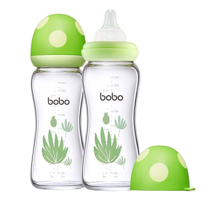 YOHKOH Natural Glass Baby Bottle with Natural Response Nipple, Newborn Anti-Colic Baby Bottles, Wide Neck Mushroom Cap Baby Bottle, Clear (Green, (8.8oz (Pack of 2))