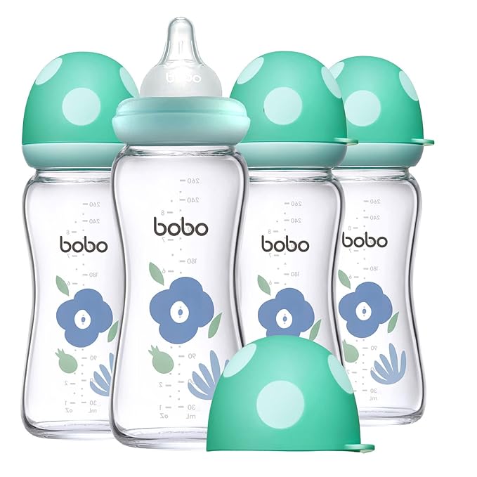 YOHKOH Natural Glass Baby Bottle with Natural Response Nipple, Newborn Anti-Colic Baby Bottles, Wide Neck Mushroom Cap Baby Bottle, Clear (Blue, (8.8oz (Pack of 4))