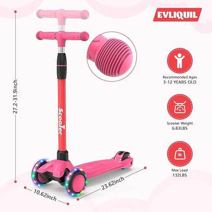 Kids Scooter,Lighted Wheels and 3 Adjustable Height Handlebars Scotters for Kids 3-12,3 Wheel Toddler Kick Scotter for Boys & Girls up to 132 Lbs.