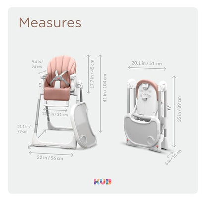 KÜB 3-in-1 Foldable Baby High Chair | 7 Height & 4 Recline Adjustable | Removable Seat & Tray for Easy Clean | 2 Locking Wheels | Multifunctional Infant High chairs for Babies and Toddlers Girl (Pink)