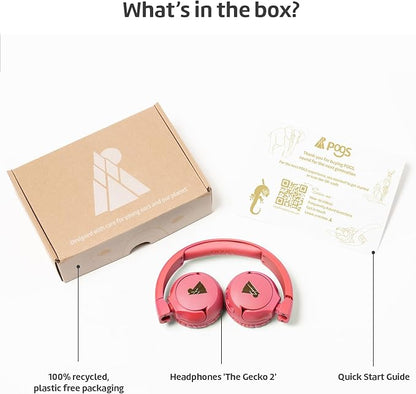 POGS Kids Bluetooth Wireless Headphones | The Gecko 2 | Foldable, Durable Headphones for Kids 3+ | Volume Limited 85 dB, Microphone | On-Ear | Wireless Music-Sharing Function (rPink)