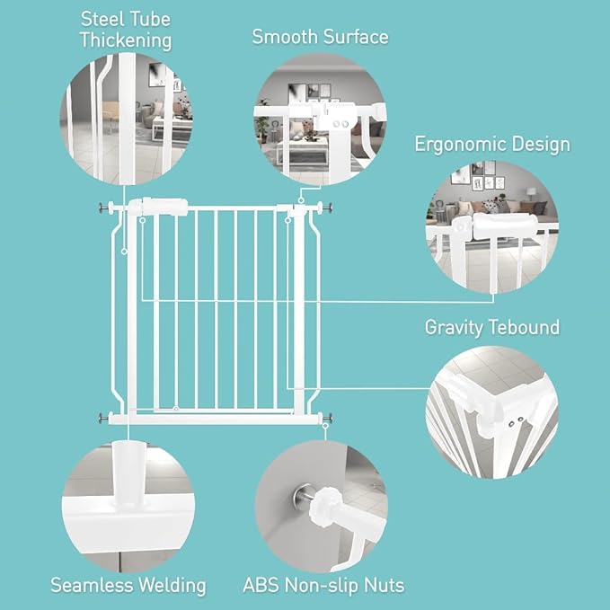 WAOWAO Baby Gate 43.31-48.00" Extra Wide Pressure Mounted Walk Through Swing Auto Close Safety White Metal Toddler Kids Child Dog Pet Puppy for Stairs,Doorways,Kitchen