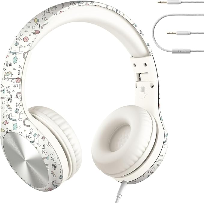 LilGadgets Connect+ Wired Kids Headphones for School with Microphone, Noise & Volume Reducing Over-Ear Headset with Cord, SharePort Technology & SoftTouch Padding, Magical Unicorns Headphones for Kids