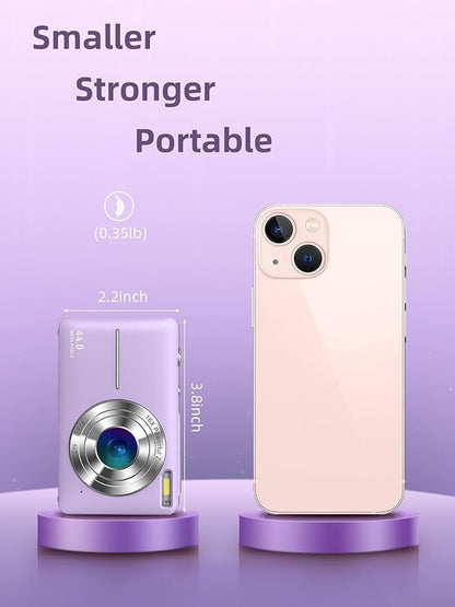 Digital Camera FHD 1080P, Camkory Kids Camera 44MP Point and Shoot Digital Cameras with 32GB Card, 16X Zoom, Two Batteries, Lanyard, Compact Small Camera Gift for Kids Boys Girls Students, Purple