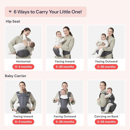 BabbleRoo Grow Carrier – Safety-Certified 6-in-1 Baby Carrier with Hip Seat, Ergonomic & Adjustable Toddler Carrier 7-50 lbs with Hip Support, Hood for Sun Protection, Newborn to Toddler, Gray