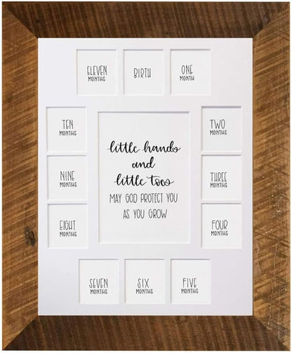 Rustic Red Door Co. Baby's First Year Picture Mat - Barnwood Frame - Little Hands and Little Toes Photo Collage - 13 Picture Slots - Newborn to One Year Birthday - Watch Your Baby Grow (White Mat)