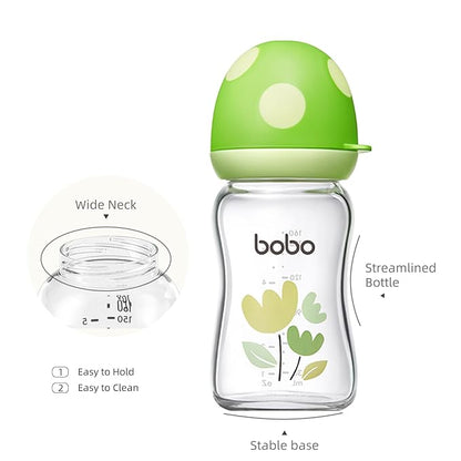 YOHKOH Natural Glass Baby Bottle with Natural Response Nipple, Newborn Anti-Colic Baby Bottles, Wide Neck Mushroom Cap Baby Bottle, Clear (Green, (5.4oz (Pack of 2))