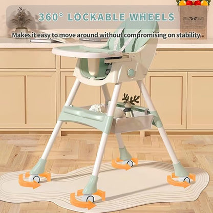 High Chairs for Babies and Toddlers, 4 in 1 Convertible Baby High Chair, Portable High Chair for Travel with Adjustable Height and Back, Foldable HighChair with Wheels& Pu Cushion (Green)