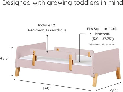 dadada Muse Toddler Bed with 2 Removable Safety Rails. Low Profile Montessori Bed for Kids. Sturdy Solid Wood Frame, Fits Standard Crib Mattress, Easy to Assemble, Toddler Bed for Girls & Boys - Pink