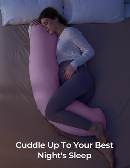Momcozy Body Pillow for Pregnancy, J Shaped Pregnancy Pillows for Side Sleeping, Soft Maternity Pillow with Jersey Cotton Cover for Head Neck Belly Support, Pink