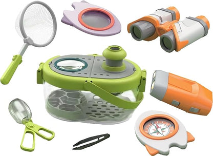 LittleCub Bug Hunting Kits for Children - 10 Pcs Bug Catcher for Kids, Kids Insect Explorer kit, Educational Toys Includes an Observation Box, Magnifier, Compass, Tweezers, Flashlight, and Net Bag