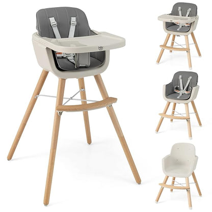 BABY JOY Baby High Chair, 3-in-1 Convertible Wooden Highchair for Babies & Toddlers, Infant Feeding Chair w/ 5-Point Safety Harness, Footrest, Adjustable Legs, Removable Tray & PU Cushion (Dark Gray)