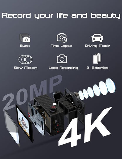 Apexcam Action Camera 4K with 64G SD Card Sport Cameras 20MP 131FT Waterproof Underwater Camera 170°Wide-Angle WiFi Camera with 2.4G Remote Control, 2 Batteries, Mounting Accessories Kits