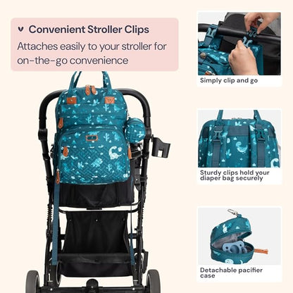 BabbleRoo Diaper Bag Backpack - Baby Essentials, Travel Essentials Baby Bag with Changing Pad, Stroller Straps & Pacifier Case - Unisex, Dino