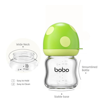 YOHKOH Natural Glass Baby Bottle with Natural Response Nipple, Newborn Anti-Colic Baby Bottles, Wide Neck Mushroom Cap Baby Bottle, Clear (Green, 3.4oz (Pack of 4))