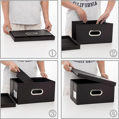 PRANDOM Collapsible Storage Box with Lid [3-Pack] Leather Fabric Foldable Storage Bin Organizer Container Basket Cube with Cover for Home Bedroom Closet Office Nursery Black(13.6x9.6x6.9)