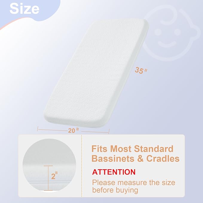 NeoBorn Baby Bassinet Mattress Pad, 35" x 20" Dual Sided Comfort Gel Memory Foam Mattress with Removable Breathable Soft Tencel Cover Fit for ANGELBLISS/AMKE/Bellababy/Yamesmile Baby Bassinet