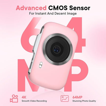 Digital Camera 4K 64MP - Vlogging Camera for Kids & Beginners | 18X Zoom Point and Shoot Camera Anti Shake, Compact with Flash, Gift for Boys Girls(Pink+Silver)