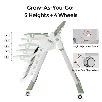 3-in-1 Foldable High Chair for Babies & Toddlers – Adjustable Height, Reclining Seat, 5-Point Safety Harness, Removable Tray, Lockable Wheels, Washable Cushion – Portable & Easy Clean, Green