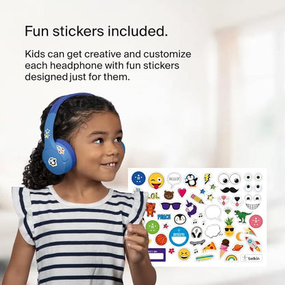 Belkin SoundForm Mini - Wireless Bluetooth Kids Headphones, 30H Battery, 85dB Safe Volume Limit, Built-in Microphone - Toddler On-Ear Earphones for iPhone, iPad - Ideal for School - Blue w/ Case