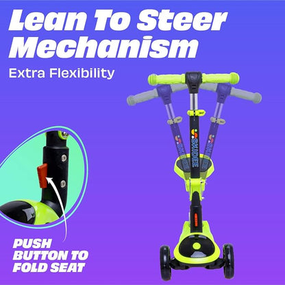 SKIDEE Kick Scooters for Kids Ages 3-5, Adjustable Height Foldable Scooter with Removable Seat, 3 LED Light Wheels, Rear Brake, Wide Standing Board, Suitable Up to 12 Year Old Boys/Girls