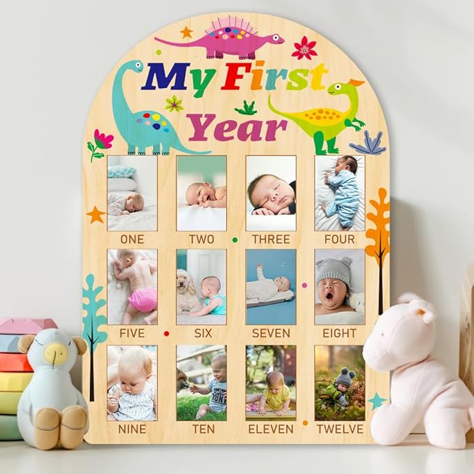 ORIGACH My First Year Baby Growth Photo Display Wood Board - 12 Months Newborn Milestones Photo Board - Neutral Baby Keepsake Board 1st Birthday Party Nursery Decor New Mom Gift - Dinosaur
