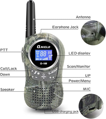 QNIGLO Camping Walkie Talkies for Kids Rechargeable, Camo Kids Walkie Talkies for Boys Girls fit Outdoor Adventure Game Spy Gear Hiking, Army Police Toys for 3 4 5 6-12 Year Old