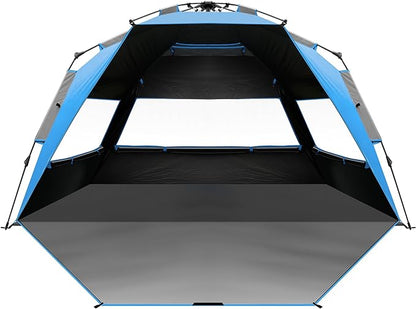 OutdoorMaster Beach Tent with Blackout Shelter Technology, Portable Beach Shade Sun Shelter Canopy for 4-6 Person with UPF 50+ UV Protection, Easy Setup Pop Up Tent Family Size