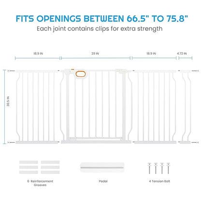 owlie Baby Gate with Door 66-75 Inch, Extra Wide Stair Gates for Kids Adjustable Wide Dog Pet Gate Stairway Large Baby Gates Pressure Mount for Pets for House Stairway Doorway White (30.5'' Tall)