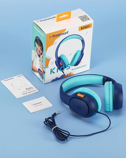 Tronsmart Kids Headphone for School Travel, Foldable Safe Volume 85/93dB, HD Stereo Sound Over-Ear Boys Girls Headphones for Kid, 3.5mm Kids Headphones with Cord for iPad, Kindle, Tablets,KH01(Blue)