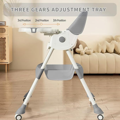 High Chairs for Babies and Toddlers, 4 in 1 Convertible Baby High Chair, Portable High Chair for Travel with Adjustable Height and Back, Foldable HighChair with Wheels& Pu Cushion (Grey)