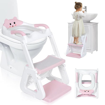Orzbow Potty Training Seat, 2-IN-1 Toddler Potty Training Toilet with Step Stool, Stability Toilet Seat for Boys Girls with Splash Guard and Anti-Slip Pad, Adjustable Ladder & Potty Seat Height, Pink