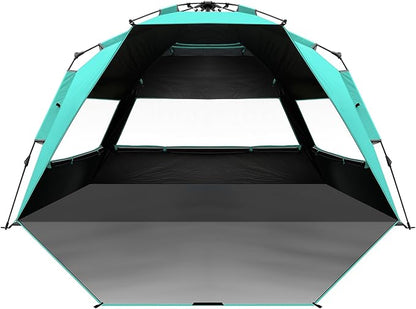 OutdoorMaster Beach Tent with Blackout Shelter Technology, Portable Beach Shade Sun Shelter Canopy for 4-6 Person with UPF 50+ UV Protection, Easy Setup Pop Up Tent Family Size