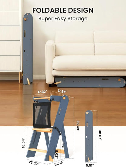 GROWNSY Foldable Step Stool Toddler Tower, Toddler Kitchen Stool Helper, Collapsible Kids Standing Learning Tower with 3 Adjustable Heights and Safety Net for Kitchen Bathroom Sink Counter (Blue Gray)